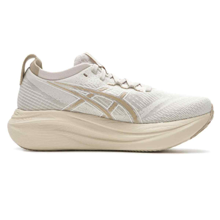 Luxurious beige ASICS Gel-Nimbus 27 running shoe featuring PureGEL and FF Blast technology for superior comfort and performance.