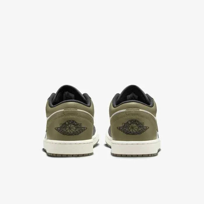 Air Jordan 1 Low sneakers in medium olive, black, and white, rear view.
