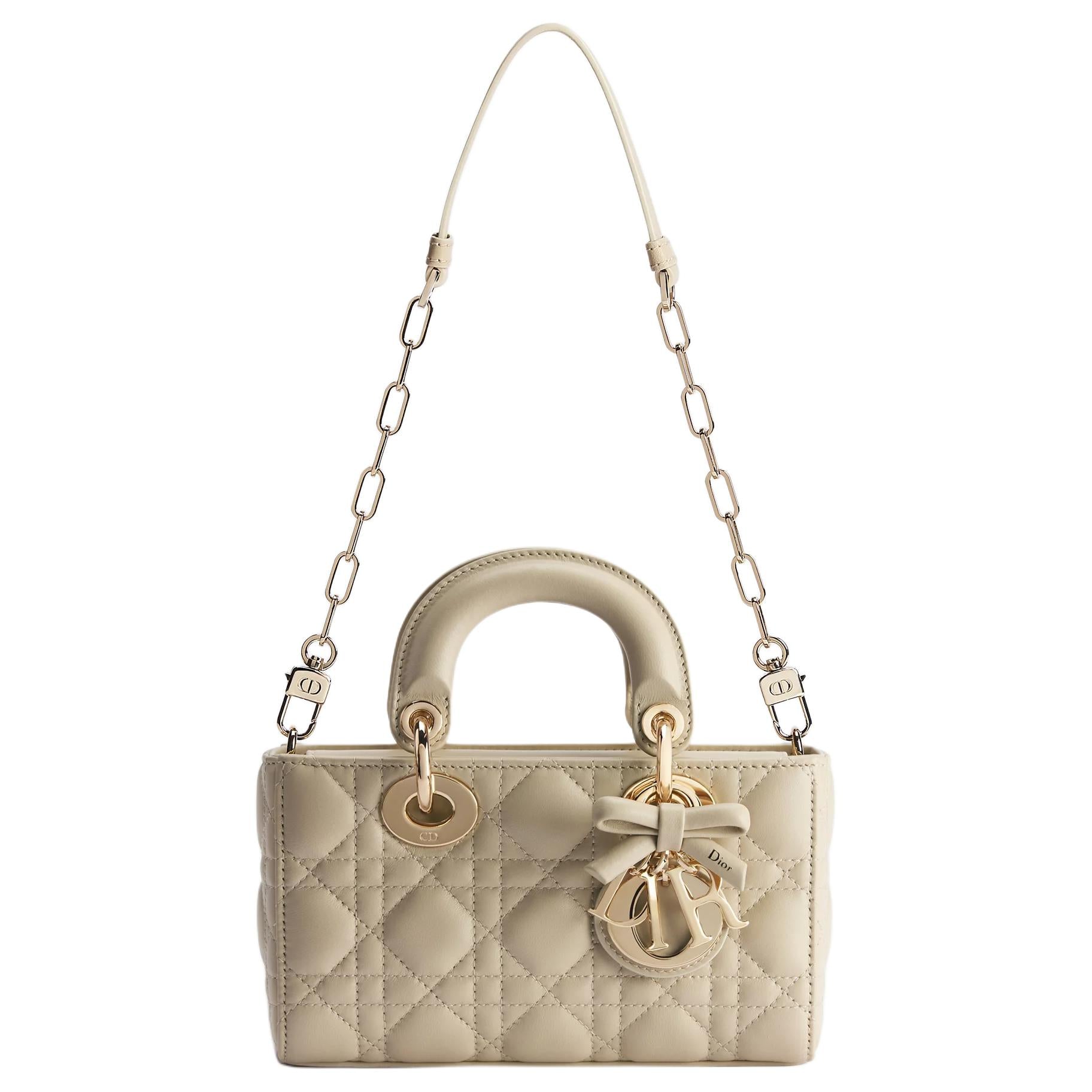 DIOR Lady D-Joy Five-Check Plaid Logo Charm Detachable Leather Bow Sheepskin Diana Bag Crossbody Handbag Mini Women's Camel Beige