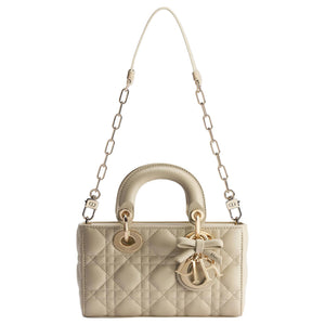 DIOR Lady D-Joy Five-Check Plaid Logo Charm Detachable Leather Bow Sheepskin Diana Bag Crossbody Handbag Mini Women's Camel Beige