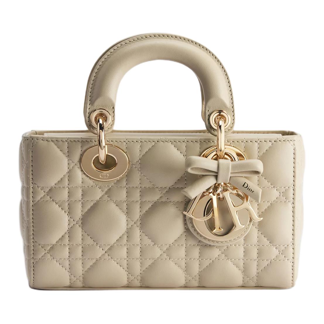 DIOR Lady D-Joy Five-Check Plaid Logo Charm Detachable Leather Bow Sheepskin Diana Bag Crossbody Handbag Mini Women's Camel Beige