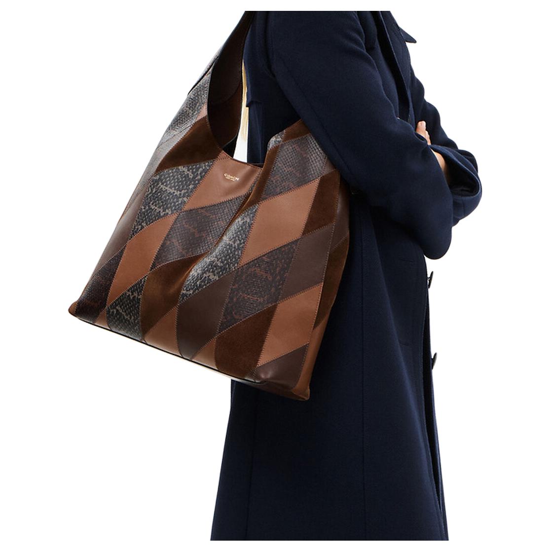 COACH Brooklyn 39 Metal Hardware Snake Leather Combined Cowhide Single Shoulder Bag Large Women's Brown