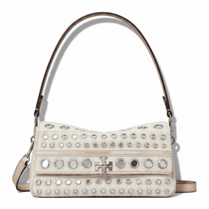TORY BURCH Charlie brand logo, hand-embroidered craftsmanship, cotton shoulder bag, small size, women's, ivory white