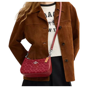 COACH Teri 24 Zipper Closure Denim Single Shoulder Bag Medium Size Women's Red