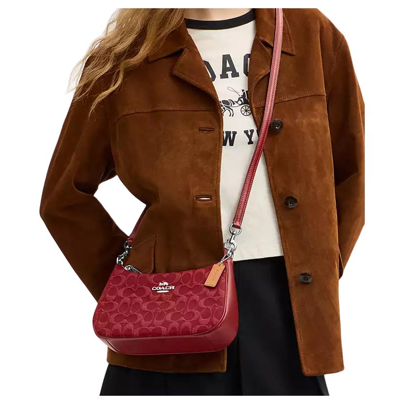 COACH Teri 24 Zipper Closure Denim Single Shoulder Bag Medium Size Women's Red