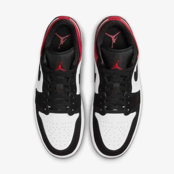 Air Jordan 1 Low sneakers in white, varsity red, and black, top view displaying classic design.