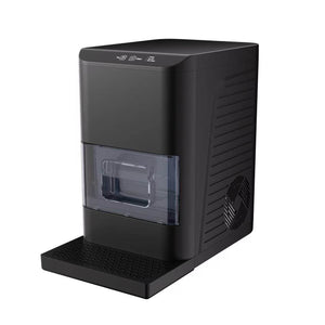 A minimalist, isolated product view of a sleek black spherical ice maker machine on a clean background.