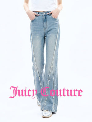 بنطال جينز نسائي Juicy Couture مغسول بقصة واسعة قليلاً وخرز أزرق دنيم - رفعة