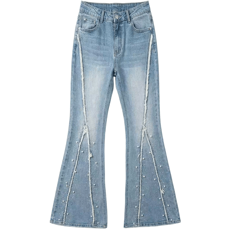 بنطال جينز نسائي Juicy Couture مغسول بقصة واسعة قليلاً وخرز أزرق دنيم - رفعة