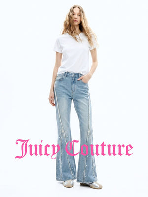 بنطال جينز نسائي Juicy Couture مغسول بقصة واسعة قليلاً وخرز أزرق دنيم - رفعة