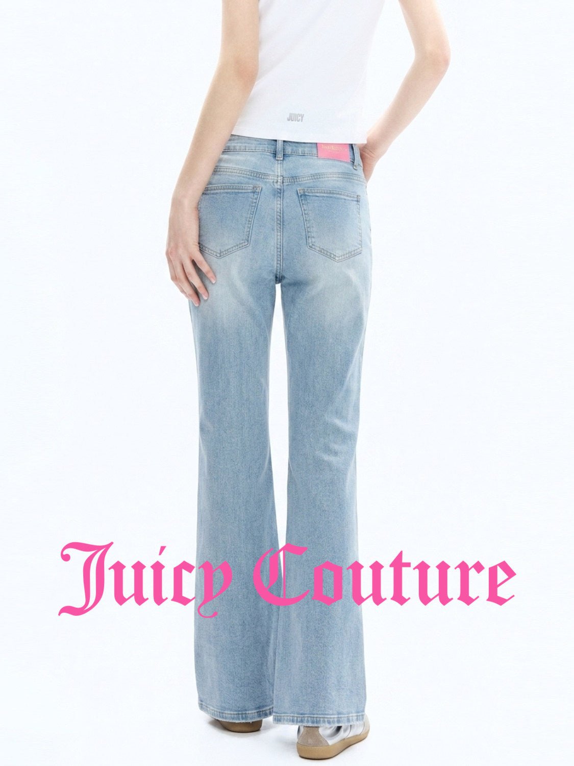 بنطال جينز نسائي Juicy Couture مغسول بقصة واسعة قليلاً وخرز أزرق دنيم - رفعة