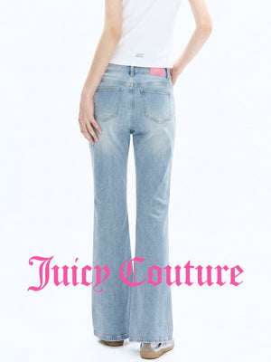 بنطال جينز نسائي Juicy Couture مغسول بقصة واسعة قليلاً وخرز أزرق دنيم - رفعة