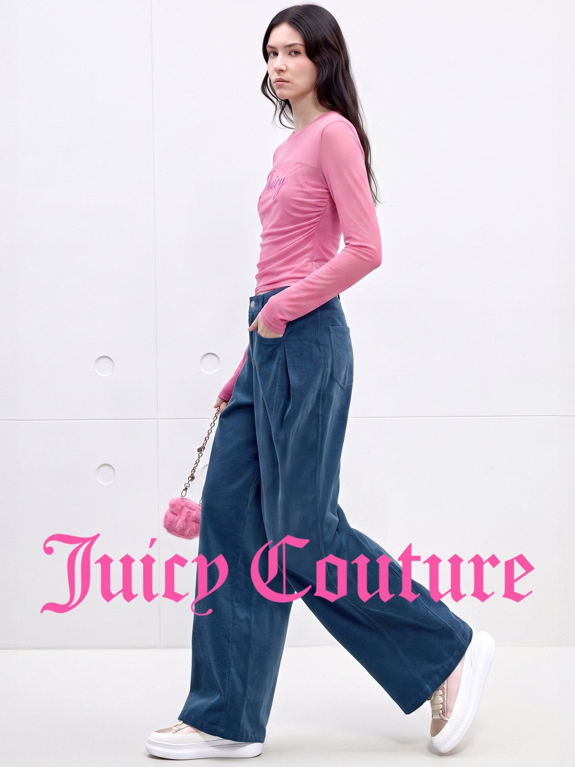 بنطال نسائي واسع من المخمل المضلع Juicy Couture أزرق - رفعة