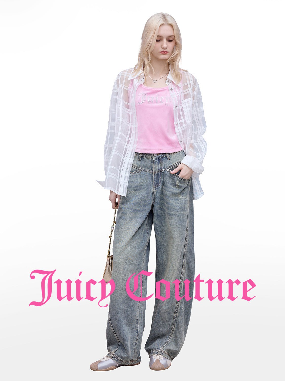 بنطلون جينز نسائي Juicy Couture بقصة مستقيمة واسعة أزرق - رفعة