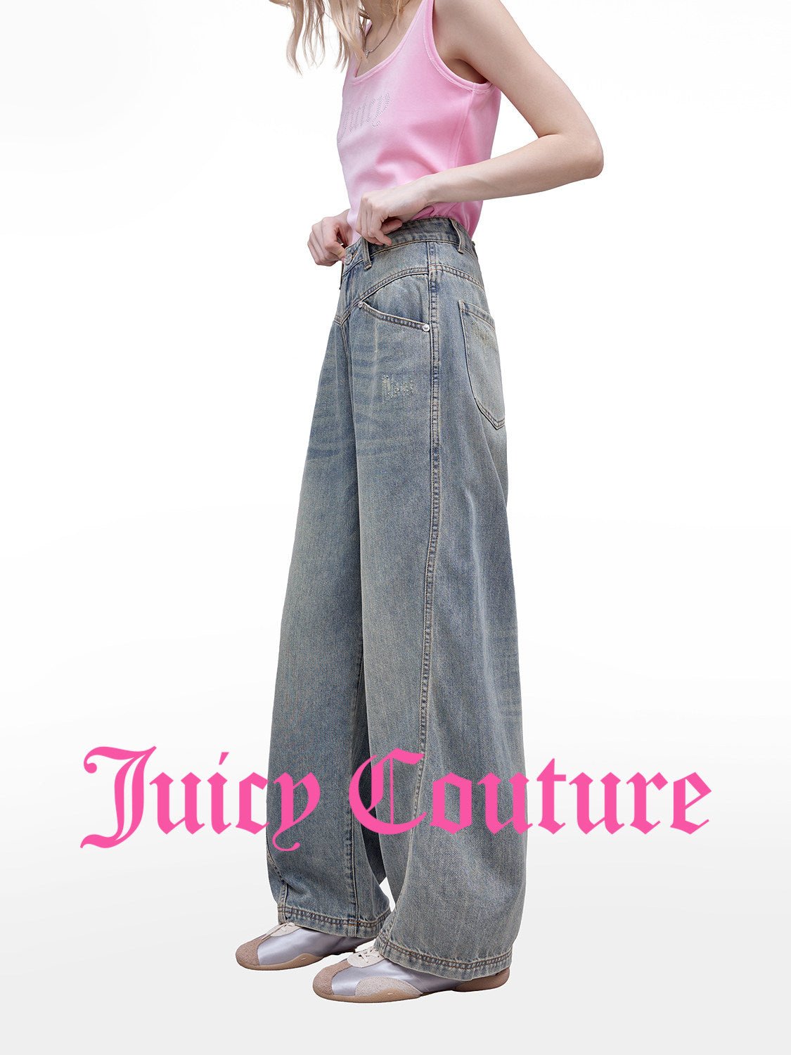 بنطلون جينز نسائي Juicy Couture بقصة مستقيمة واسعة أزرق - رفعة