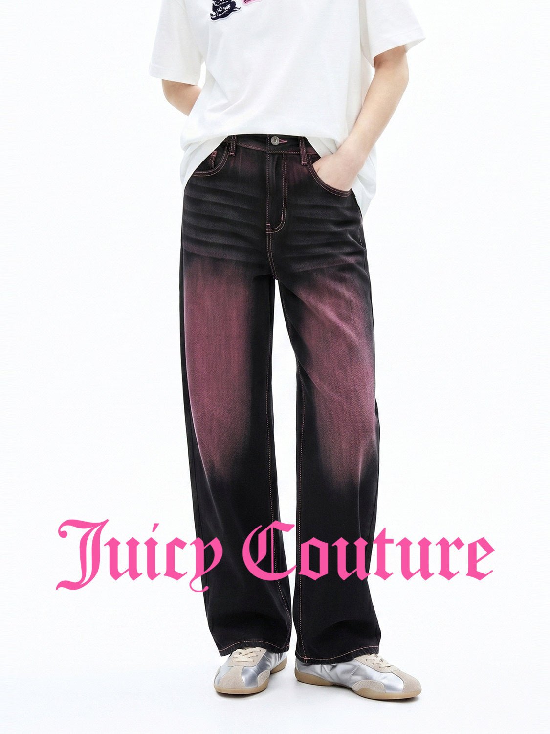 بنطلون جينز نسائي Juicy Couture بقصة مستقيمة وصبغة رش مع ليوسل - رفعة