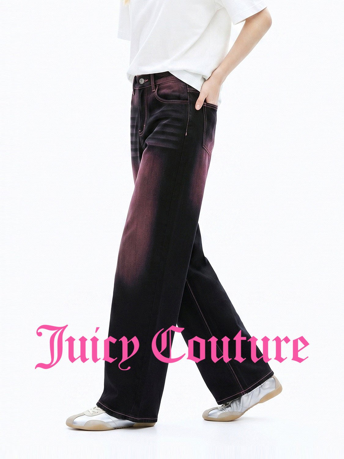 بنطلون جينز نسائي Juicy Couture بقصة مستقيمة وصبغة رش مع ليوسل - رفعة
