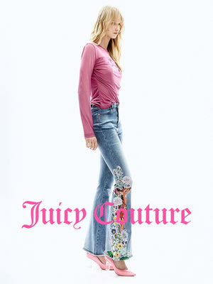 بنطلون جينز نسائي Juicy Couture مطرز بالترتر واسع الأطراف أزرق - رفعة