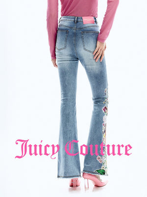 بنطلون جينز نسائي Juicy Couture مطرز بالترتر واسع الأطراف أزرق - رفعة