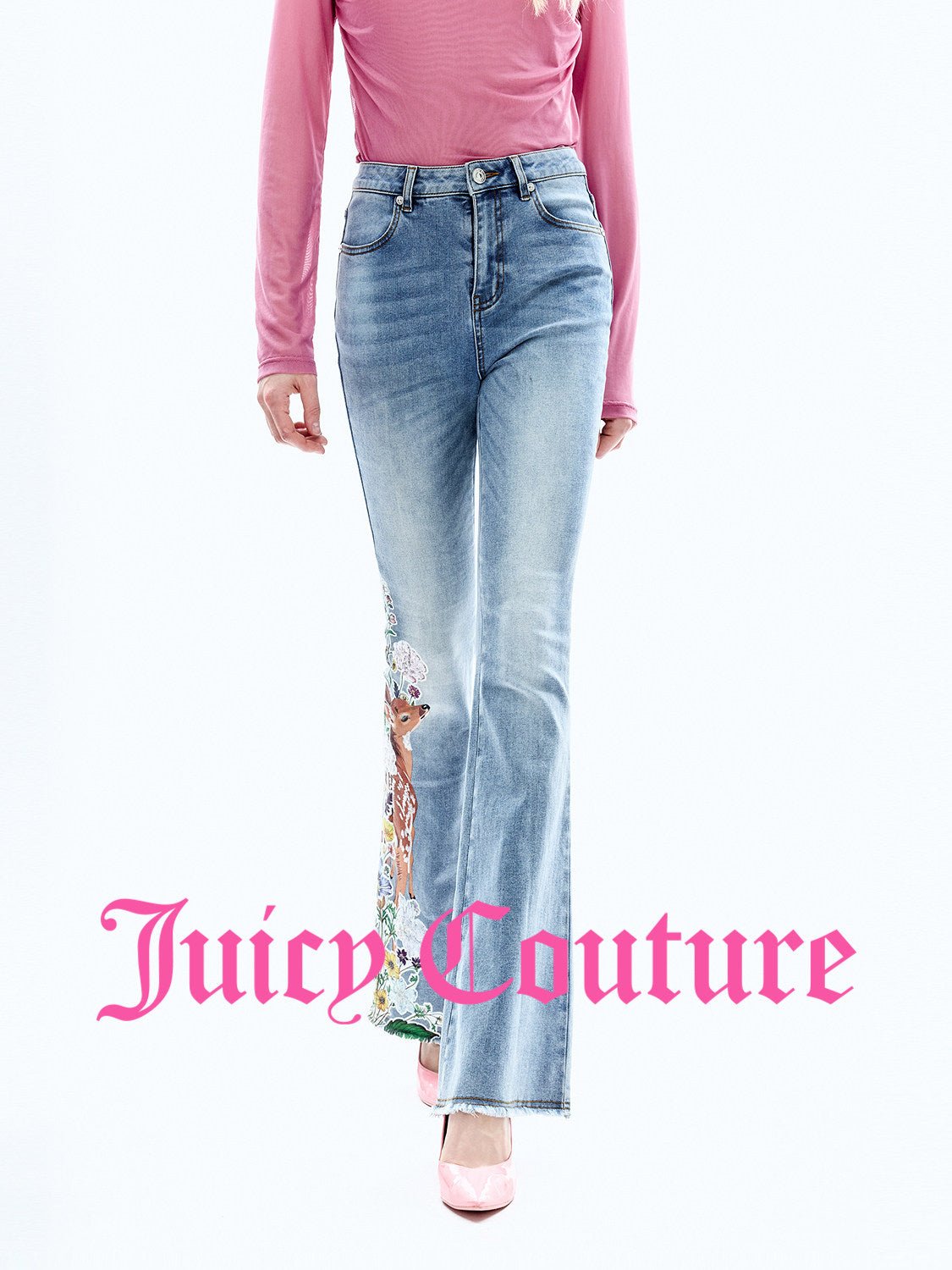 بنطلون جينز نسائي Juicy Couture مطرز بالترتر واسع الأطراف أزرق - رفعة