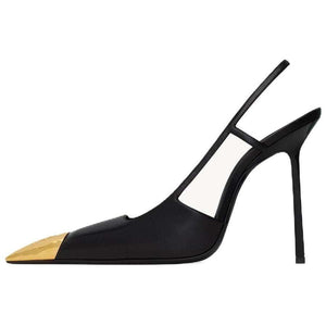 حذاء Saint Laurent Slingback كعب عالي أسود بمقدمة ذهبية.