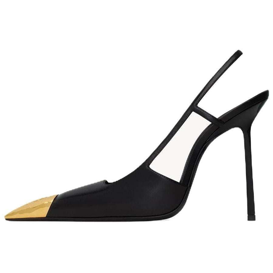 حذاء Saint Laurent Slingback كعب عالي أسود بمقدمة ذهبية.