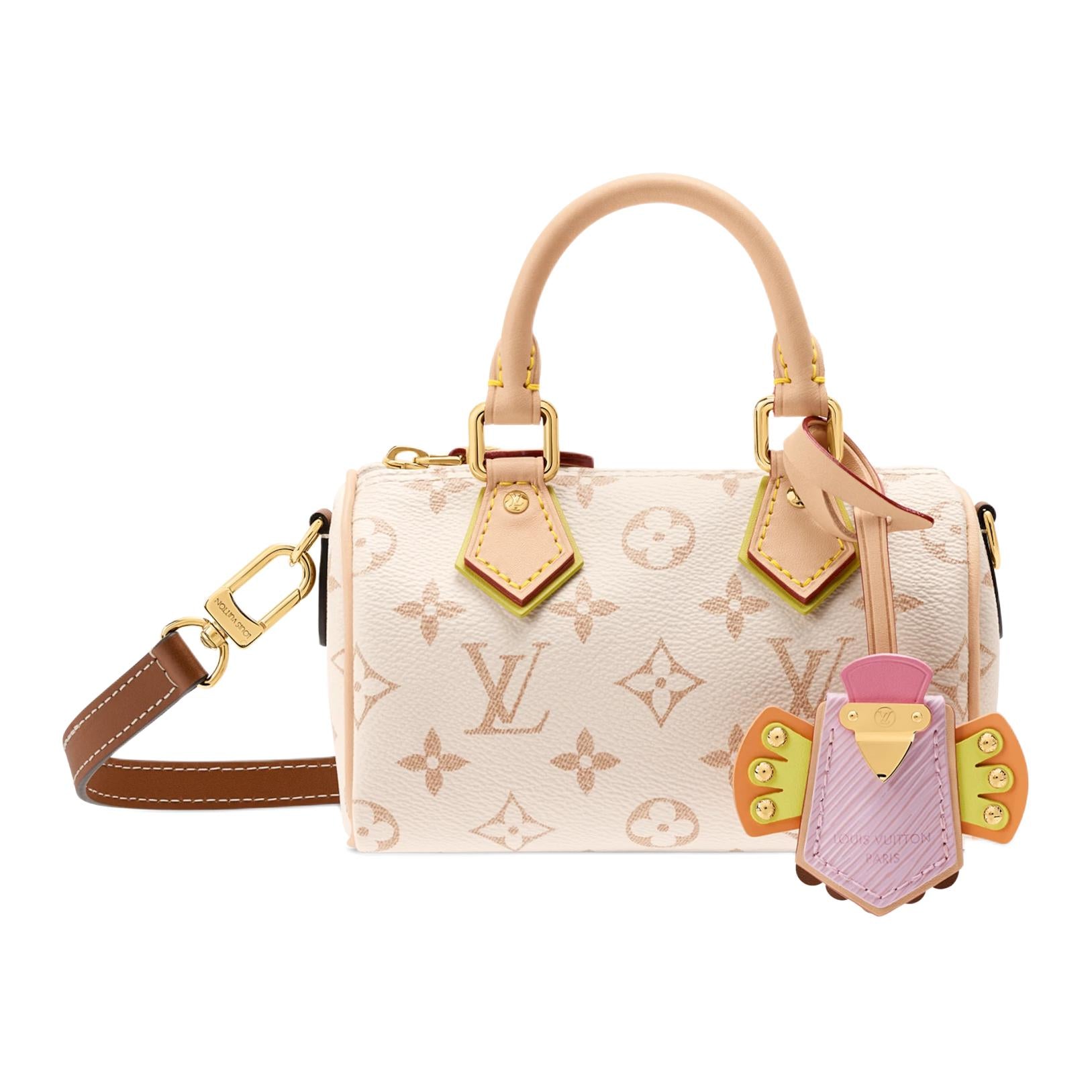 LOUIS VUITTON NANO SPEEDY Color-Block Rivet Design Hanging Charm Monogram Dune Coated Canvas Single Shoulder Crossbody Handbag Women's Beige