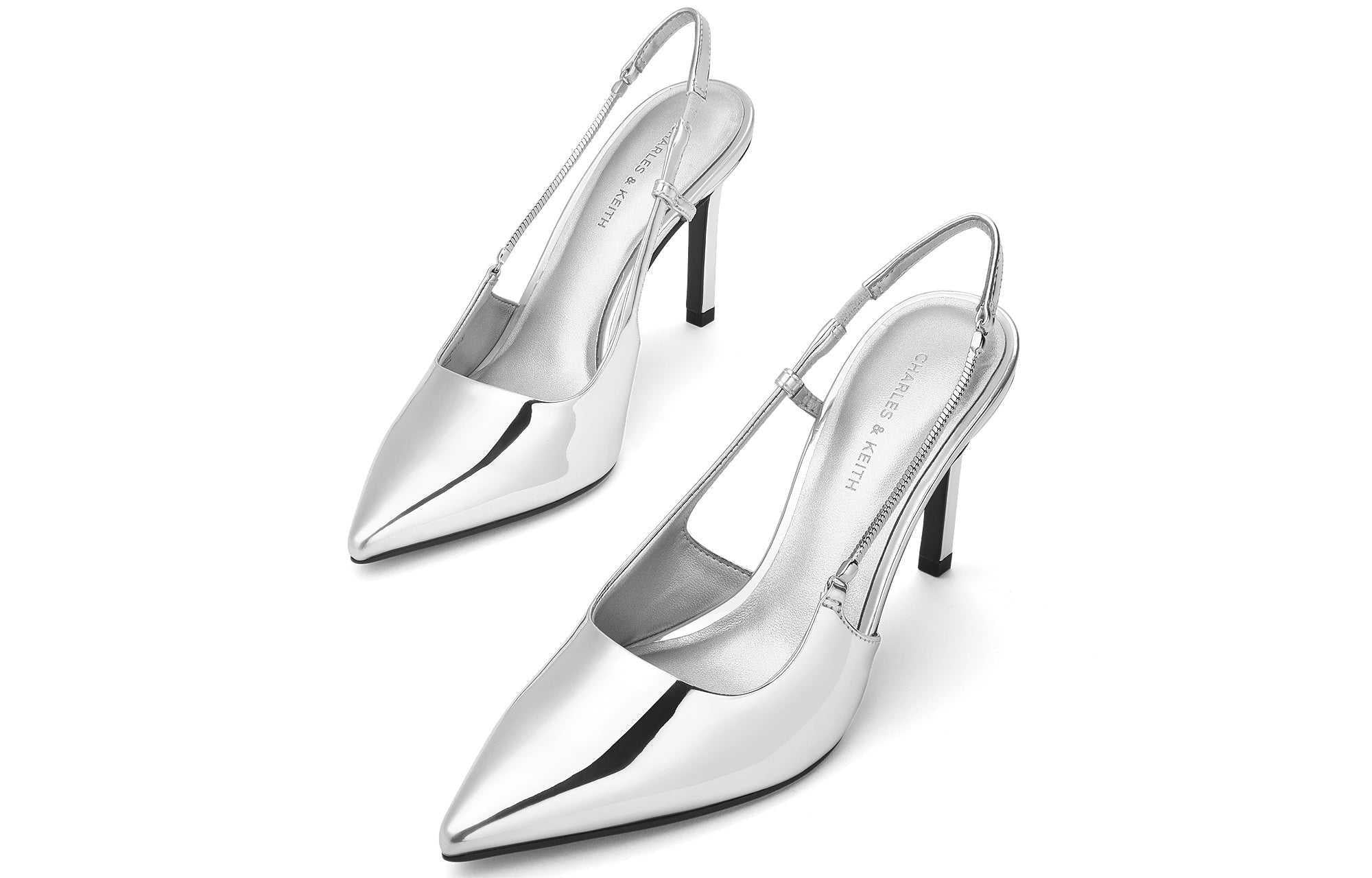 حذاء كعب عالي Slingback لامع بتفاصيل سحاب CHARLES & KEITH.