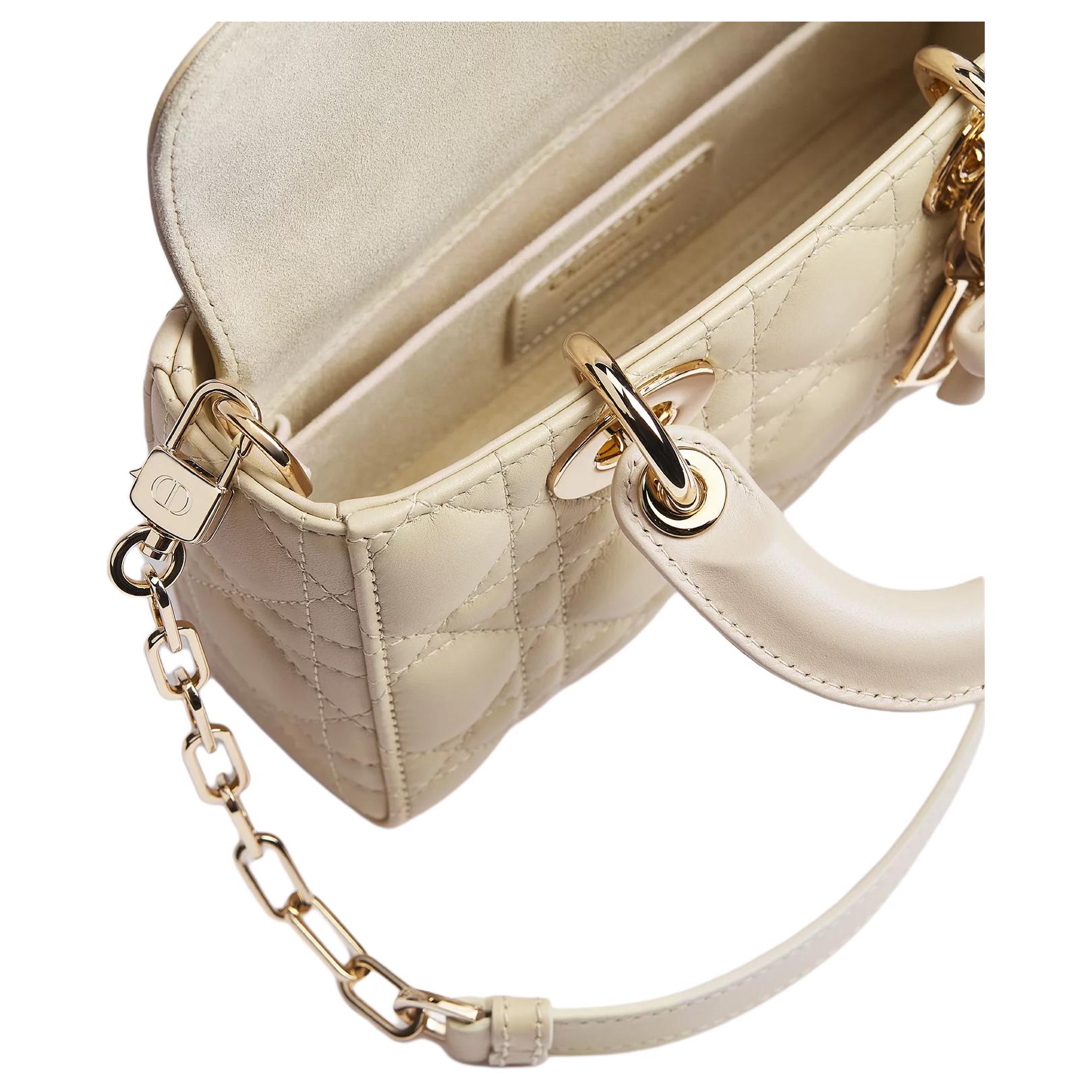 DIOR Lady D-Joy Five-Check Plaid Logo Charm Detachable Leather Bow Sheepskin Diana Bag Crossbody Handbag Mini Women's Camel Beige