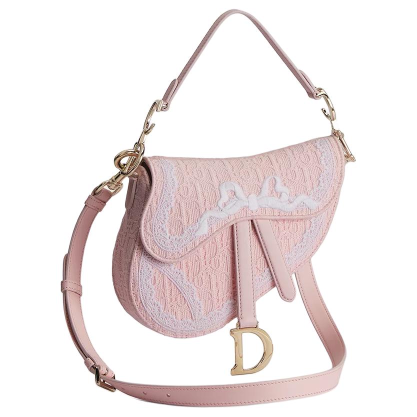 DIOR OBLIQUE Printed Saddle Bag Cowhide Leather Handbag Small Women's Soft Pink