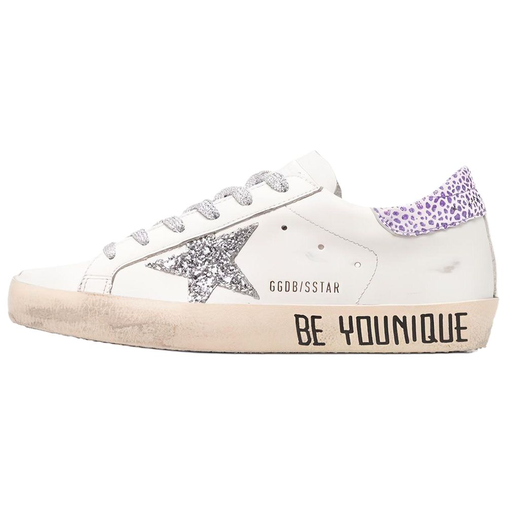 Golden Goose Super-Star canvas low-top fashion sneakers for women, white and purple, distressed version