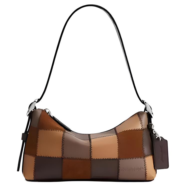COACH 24 Brand Logo Checkerboard Color Block Design Leather Single Shoulder Bag Medium Women's Tea Color