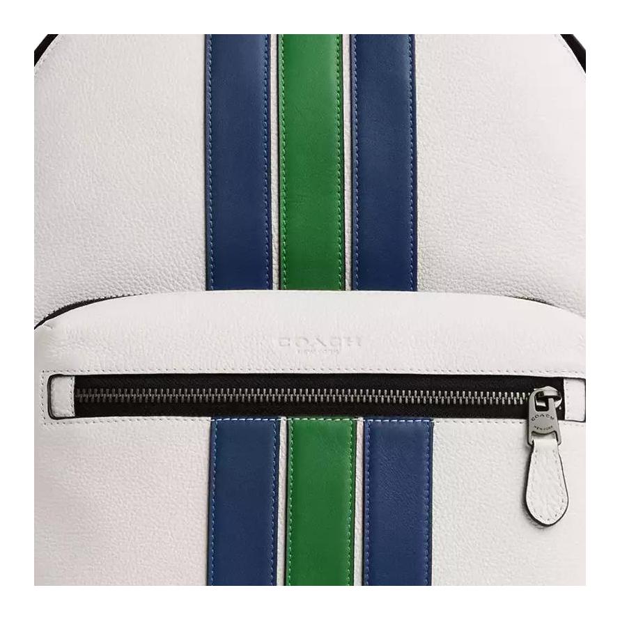 COACH West 32 striped design leather backpack, large size men's chalk white mixed colors