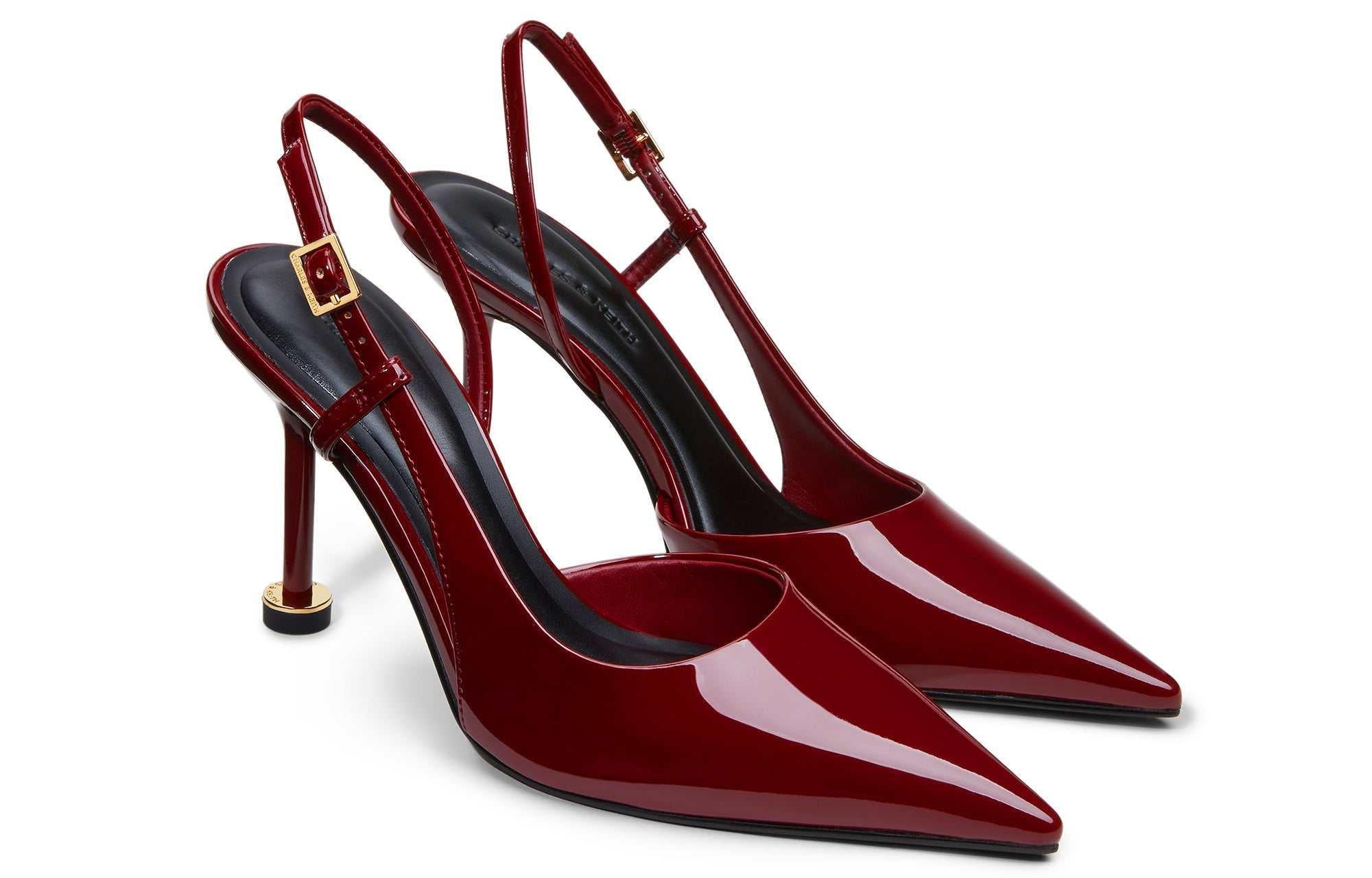 CHARLES & KEITH حذاء كعب عالي Slingback نسائي لامع بمقدمة مدببة.