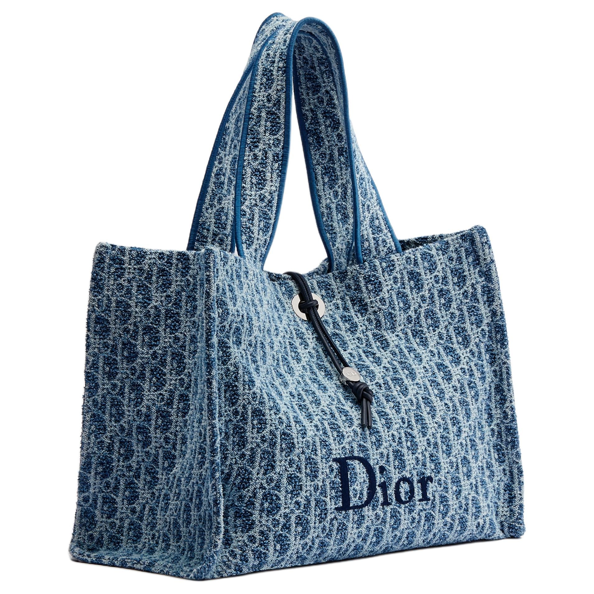 DIOR Dioriviera Spongy Book Tote Fluffy Logo Embroidered Printed Fabric Cotton Tote Handbag Medium Size Women's Blue
