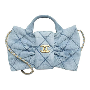 CHANEL Double C Logo Quilted Leather Chain Denim Single Shoulder Handbag Small Women's Blue