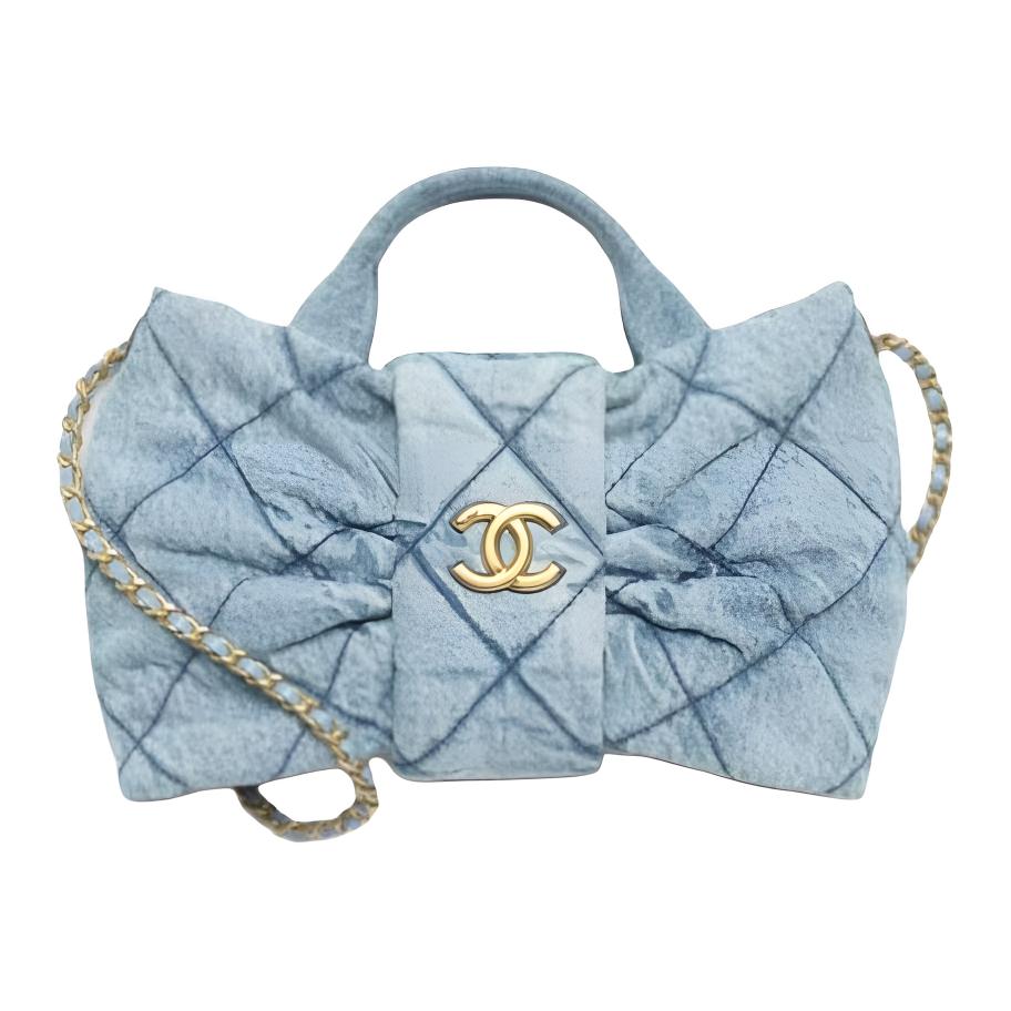 CHANEL Double C Logo Quilted Leather Chain Denim Single Shoulder Handbag Small Women's Blue