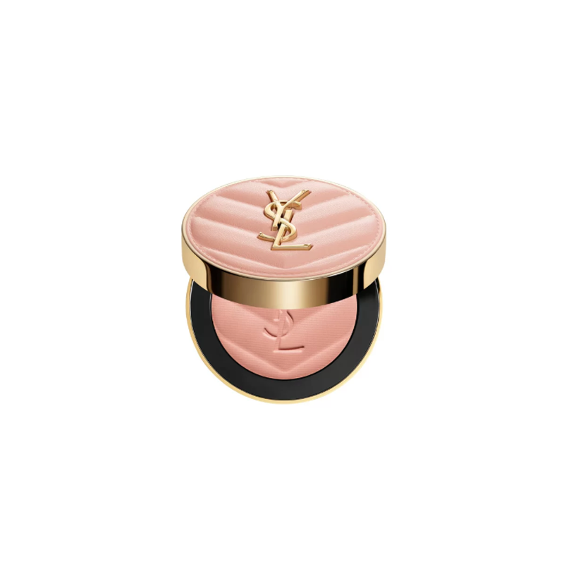 بلاشر بشعار YSL بدرجة وردي فاتح، العلبة مغلقة ومفتوحة