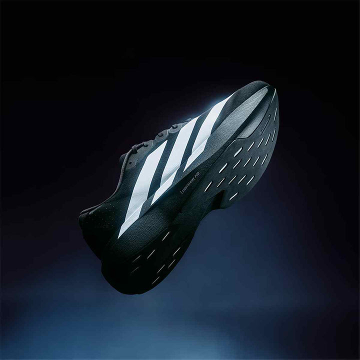 adidas Adizero lightweight running shoe with Lightstrike Pro and Continental sole, black and white design.