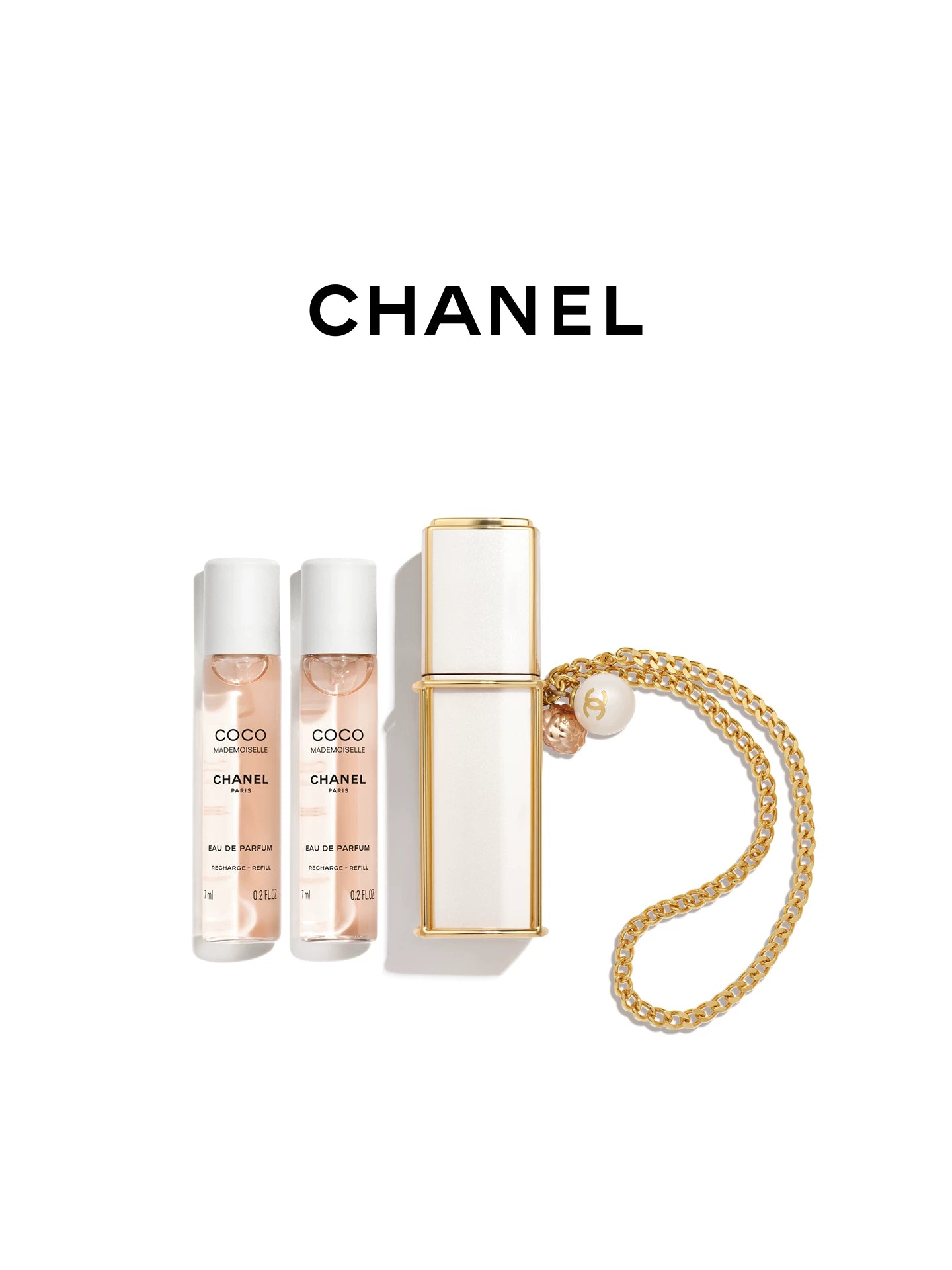 CHANEL Coco Mademoiselle refillable purse spray set featuring a white and gold perfume case with a golden chain bracelet, a pearl bead, a camellia charm, and two fragrance refills under the CHANEL logo.