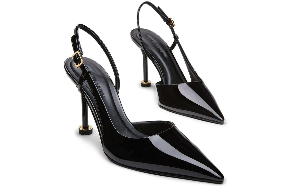 CHARLES & KEITH حذاء كعب عالي Slingback نسائي لامع بمقدمة مدببة.