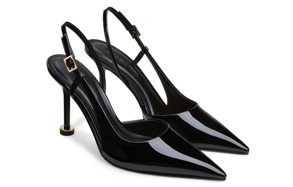 CHARLES & KEITH حذاء كعب عالي Slingback نسائي لامع بمقدمة مدببة.