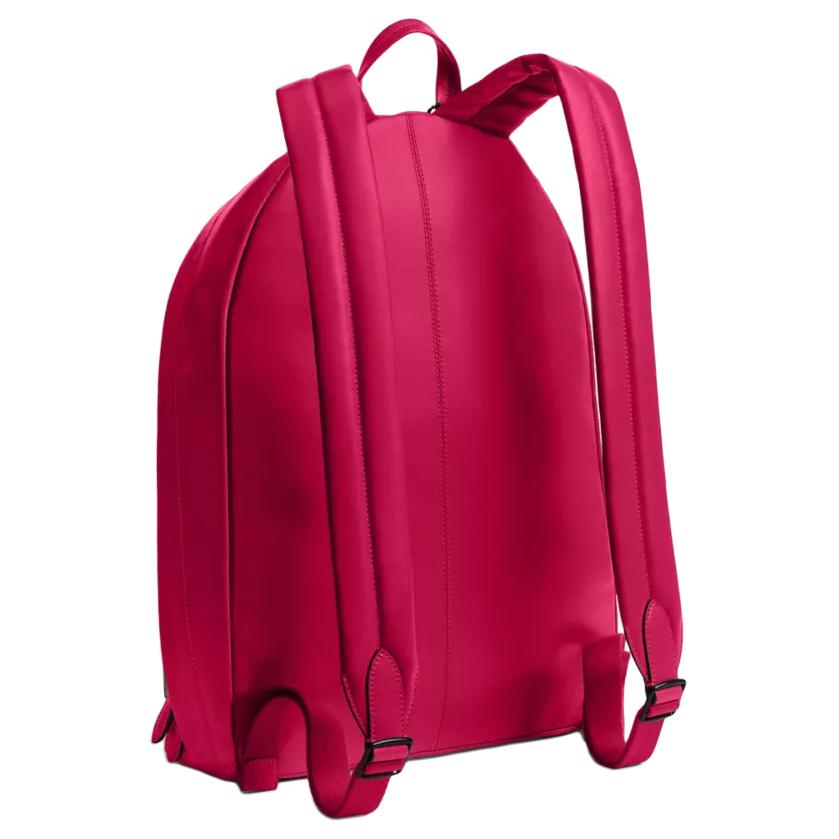 Side angle back view of an original Coach Westway 32 fuchsia leather backpack showing padded adjustable shoulder straps.

عرض زاوي جانبي خلفي لحقيبة ظهر كوتش ويست واي 32 أصلية جلد باللون الفوشيا يوضح أحزمة الكتف المبطنة وقابلة للتعديل.