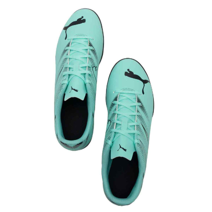 Puma football shoes, teal and black, synthetic grass surface.