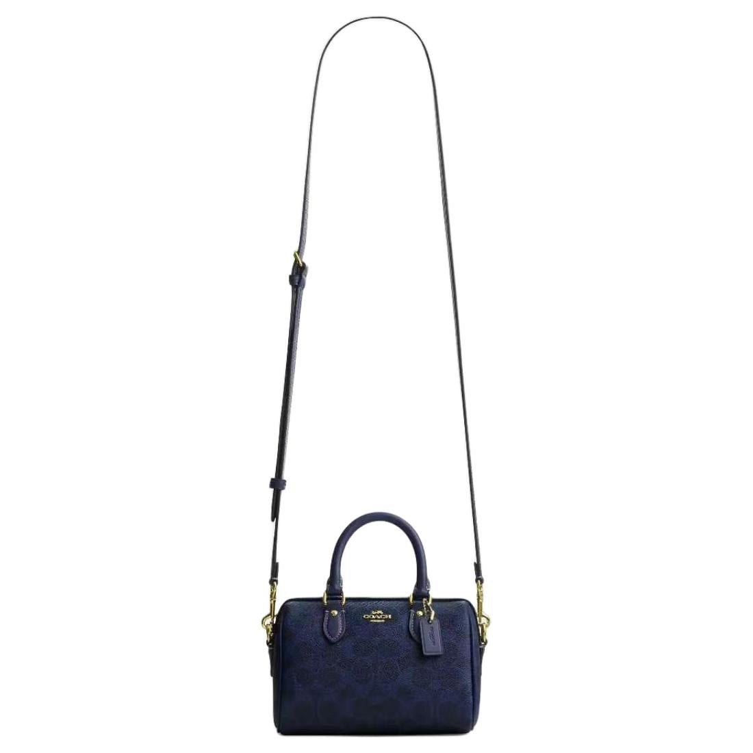 COACH Rowan 18 Detachable Shoulder Strap Top Zipper Closure Artificial Leather Boston Handbag Small Women's Navy Blue
