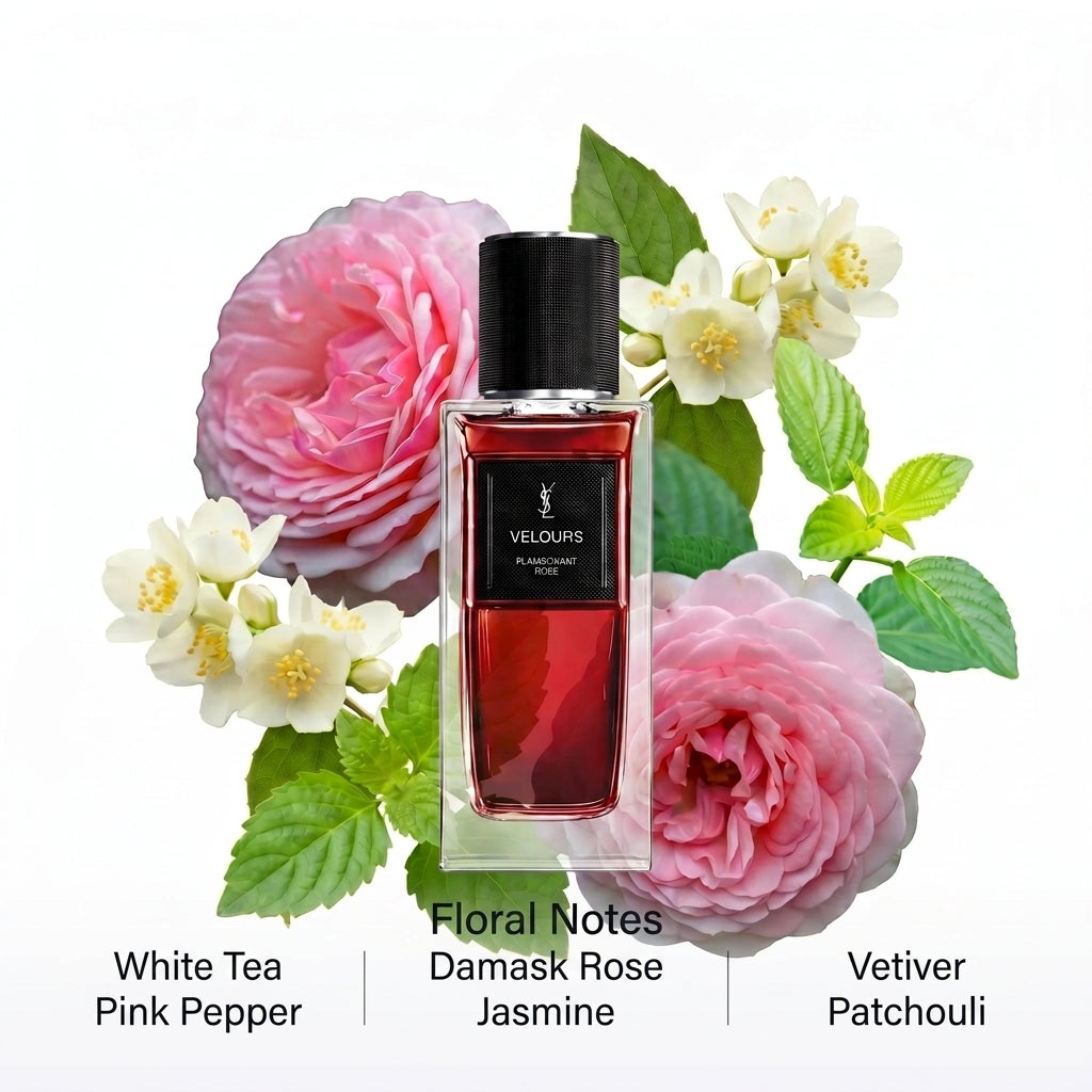 عبوة عطر مع زهور وردية وبيضاء