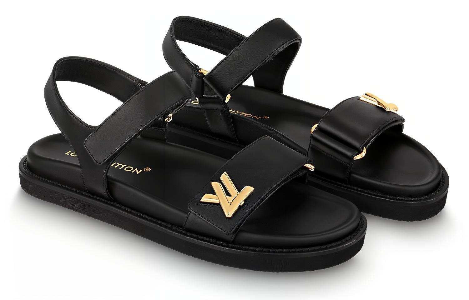 Louis Vuitton صندل Flat نسائي جلد أسود مريح بشعار ذهبي.