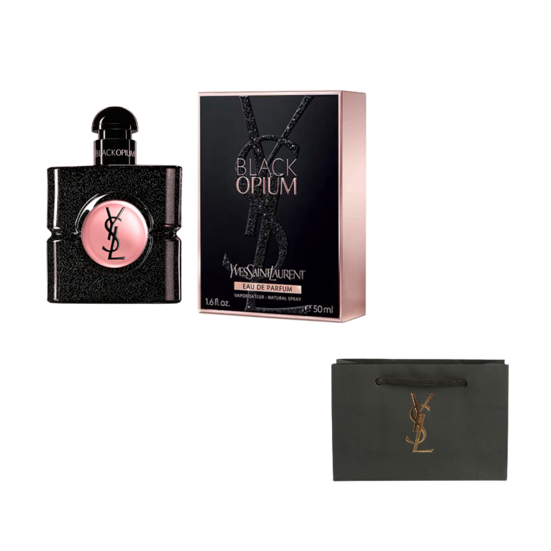 عطر بلاك اوبيوم مع علبته وحقيبة خضراء داكنة