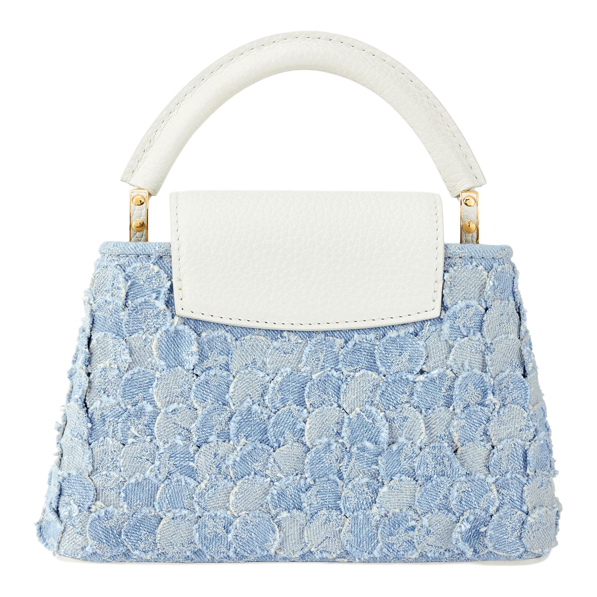 LOUIS VUITTON Capucines Denim gold floral pattern charm two-tone chain design, denim with Taurillon leather trim, single shoulder crossbody handbag, mini, women's, blue