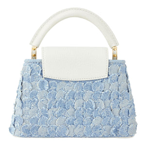 LOUIS VUITTON Capucines Denim gold floral pattern charm two-tone chain design, denim with Taurillon leather trim, single shoulder crossbody handbag, mini, women's, blue